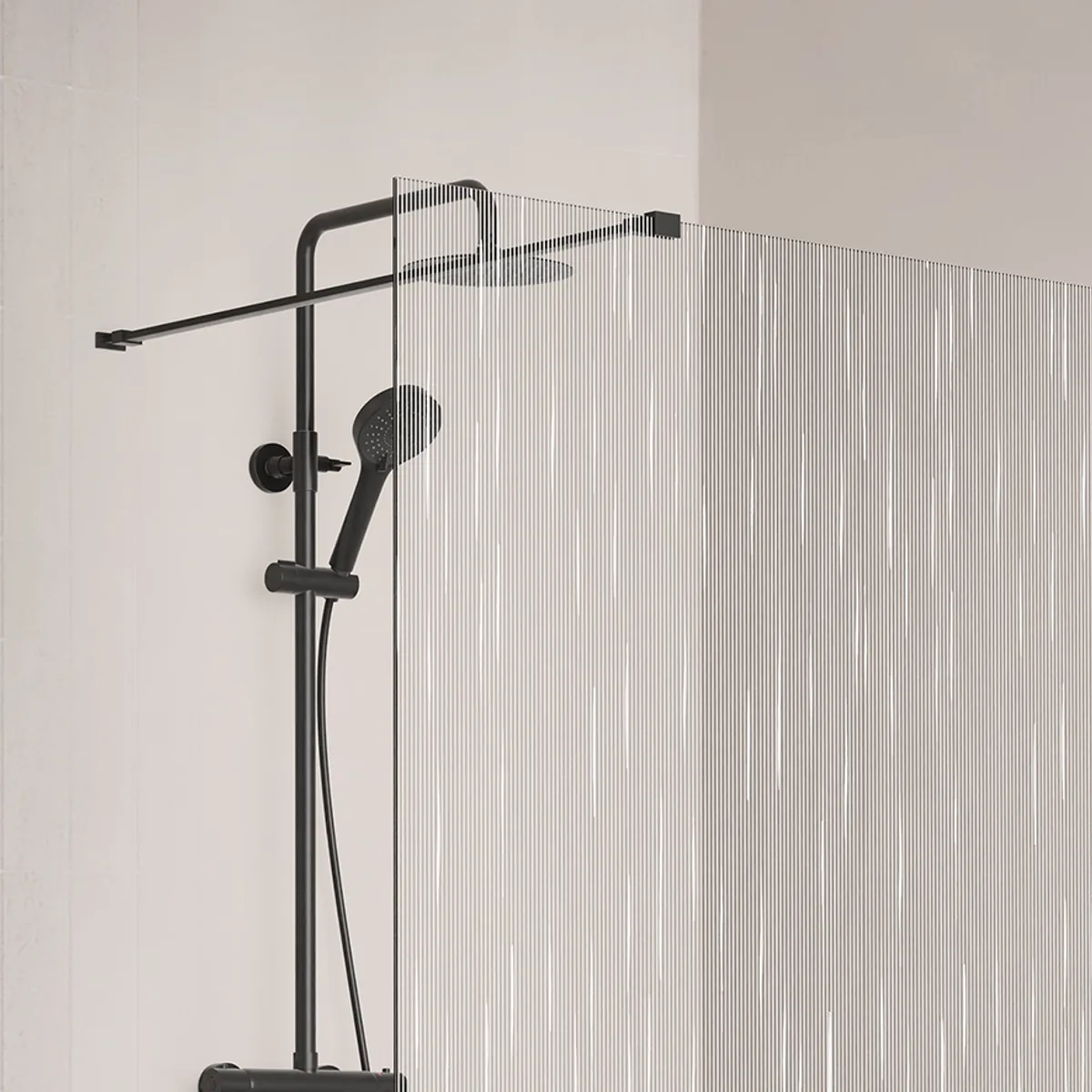 Badnor Shildon dusjvegg/walk-in hjørne - MATT SORT - WHITE STRING glassfelt - 125cm