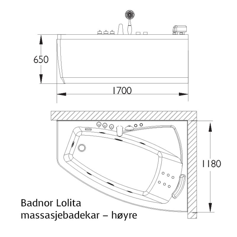 Badnor Lolita massasjebadekar 170x118cm, Høyre