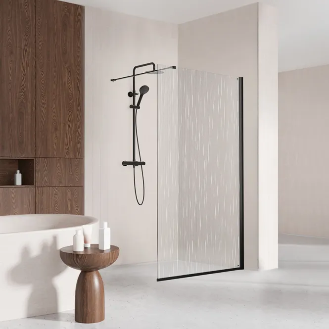 Hovedbilde Badnor Shildon dusjvegg/walk-in hjørne - MATT SORT - WHITE STRING glassfelt - 110cm