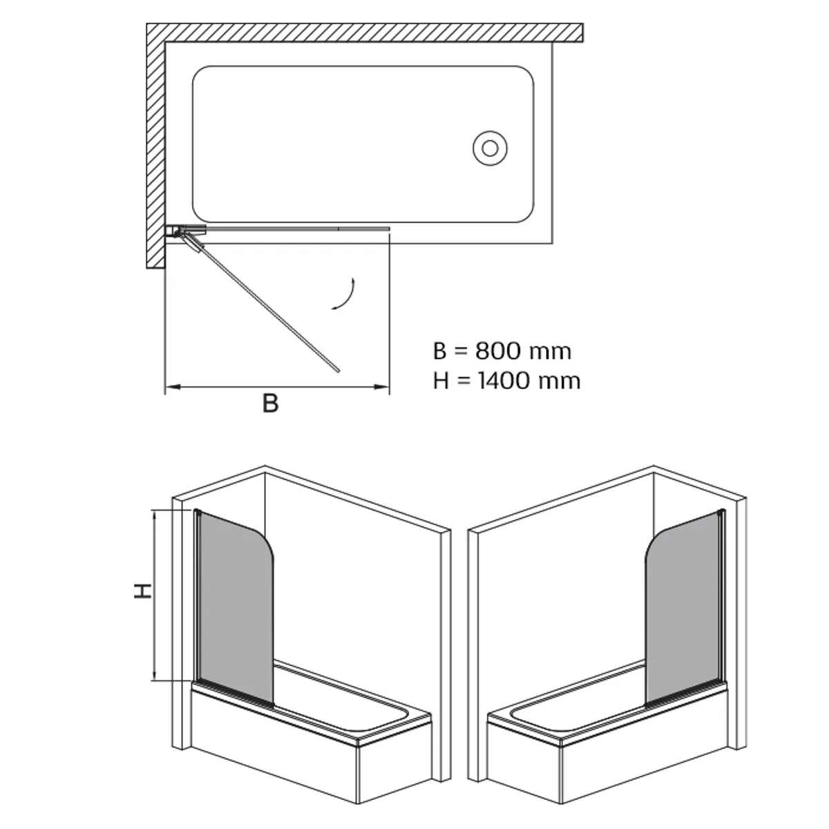 Badnor Open badekarvegg 80x140cm (hev/ senk)