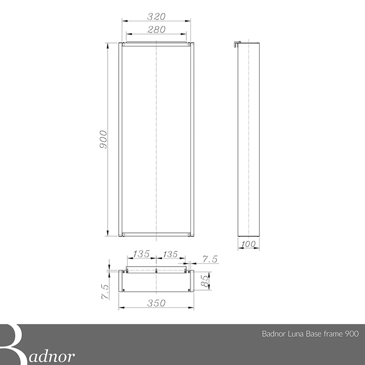Badnor Luna Base - dusjhylle 900mm med 3 hyller og håndklestang - MATT SORT aluminium
