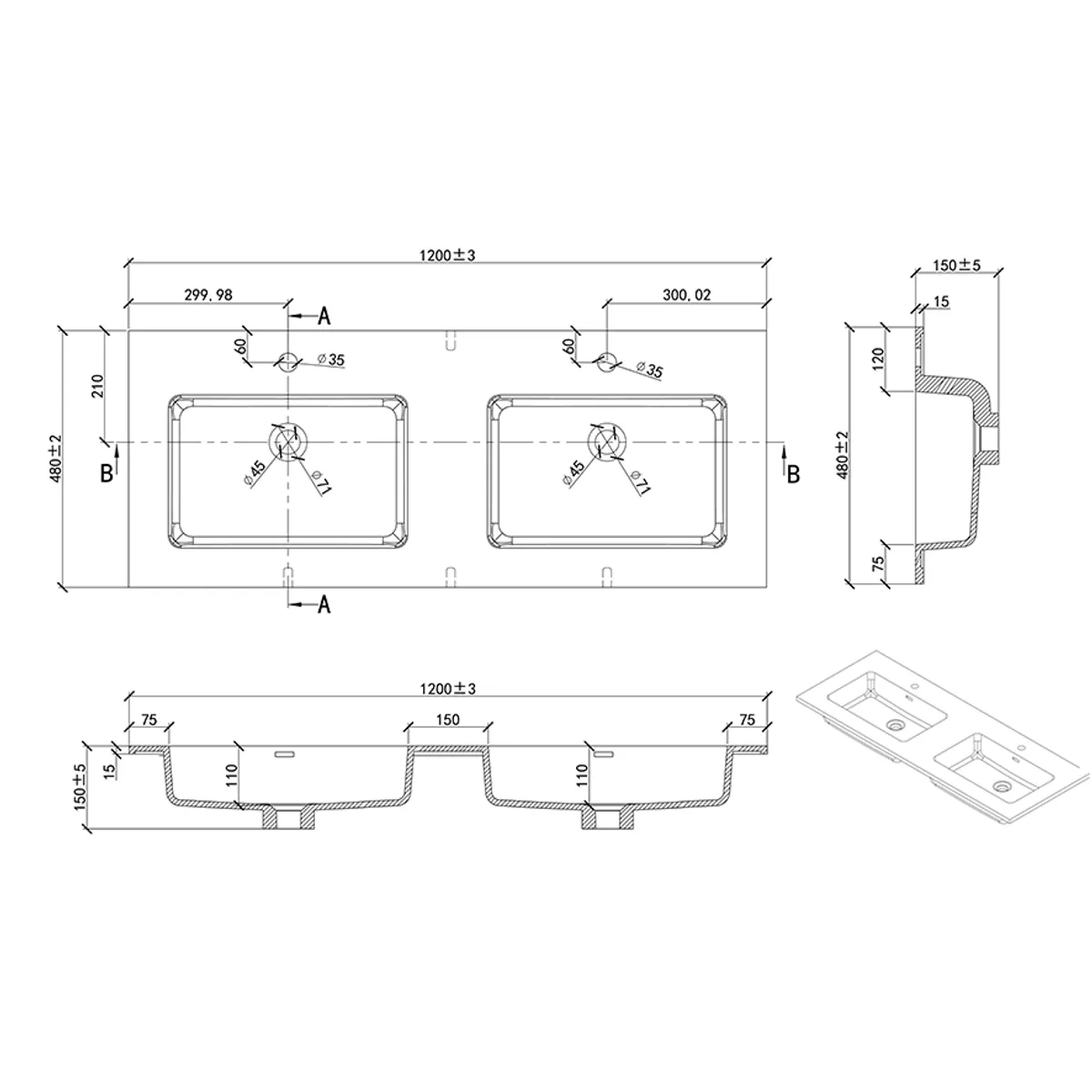 Badnor 120cm dobbel SORT servant