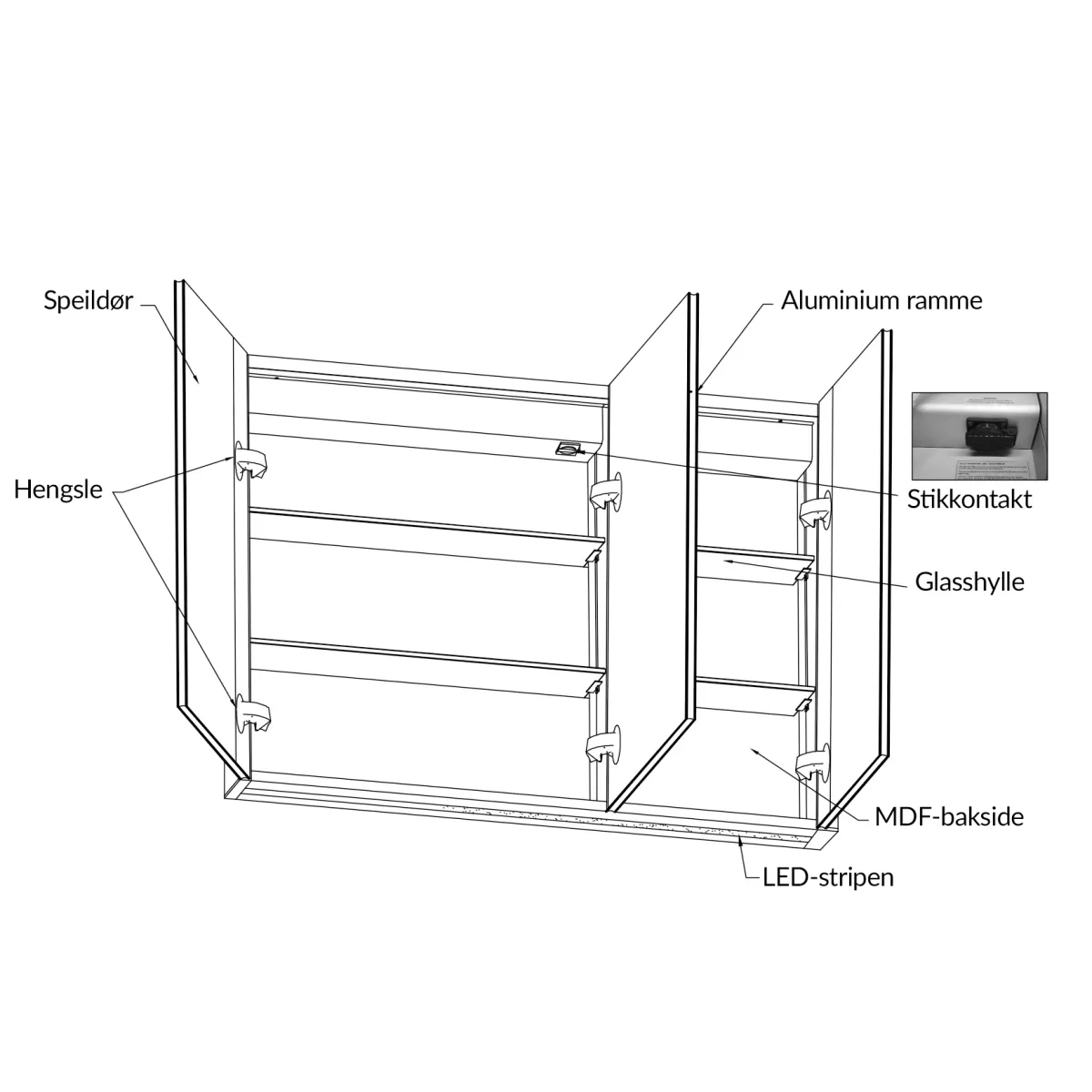 Badnor Melissa 150+40cm mbl.pk (97621) Lilly speilskap m/lys