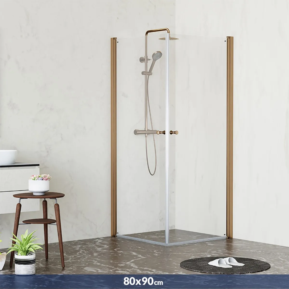 Badnor Grays dusjhjørne (rett) 80x90cm, BØRSTET KOBBER, klart glass 