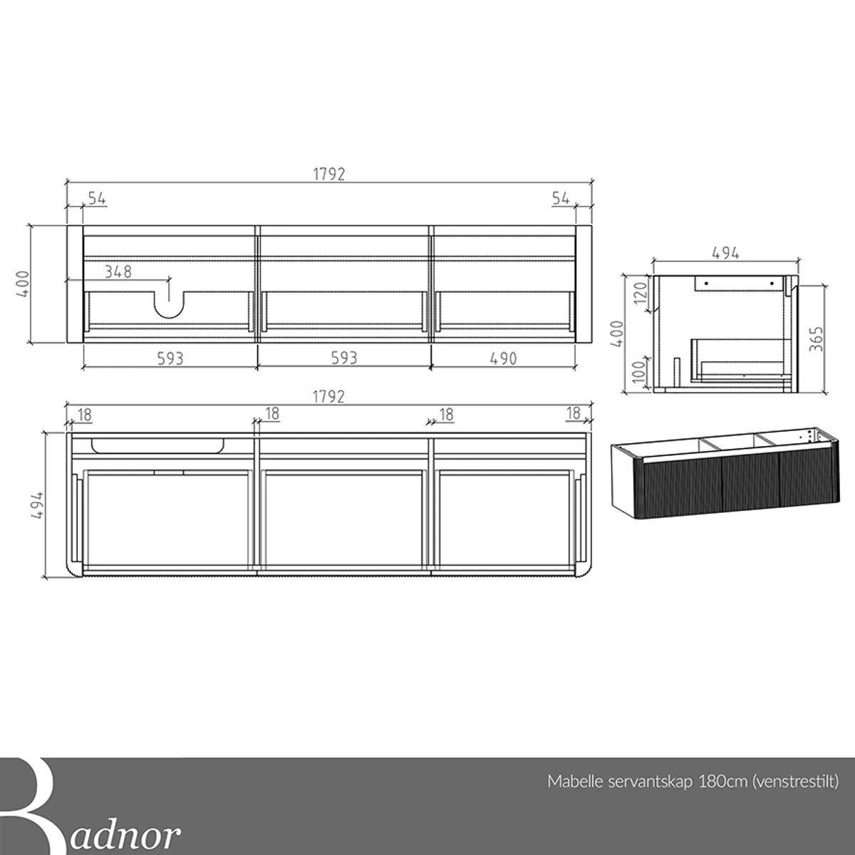 Badnor Mabelle 180cm servantskap m/silkestein topplate (VENSTRE) 