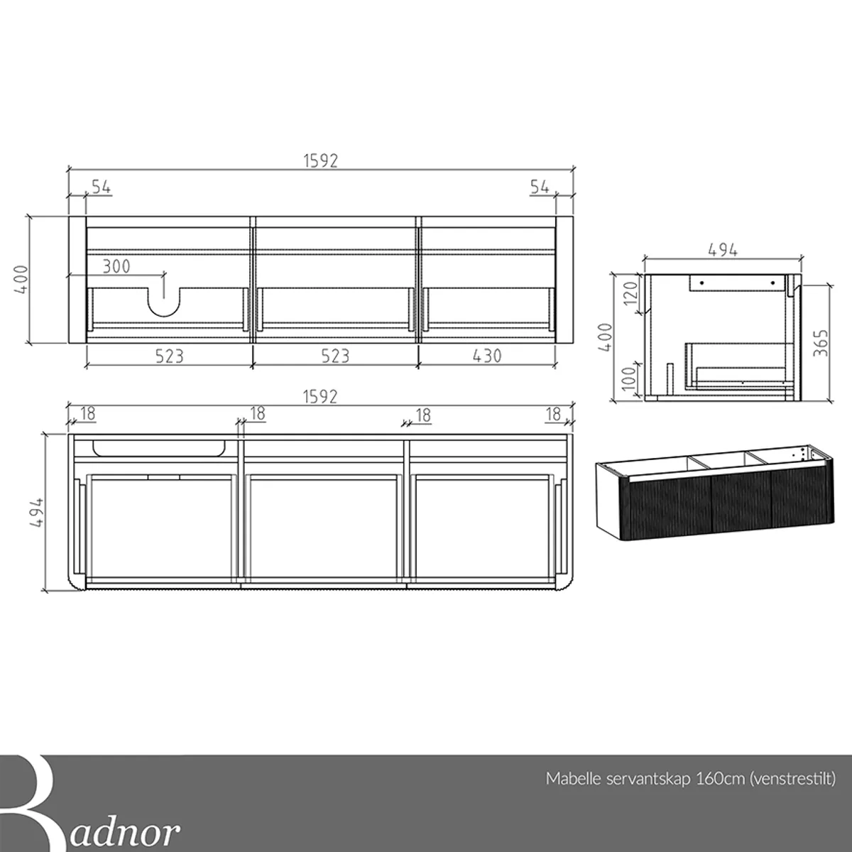 Badnor Mabelle 160cm (VENSTRE) mbl.pk (9803) Sienna speil