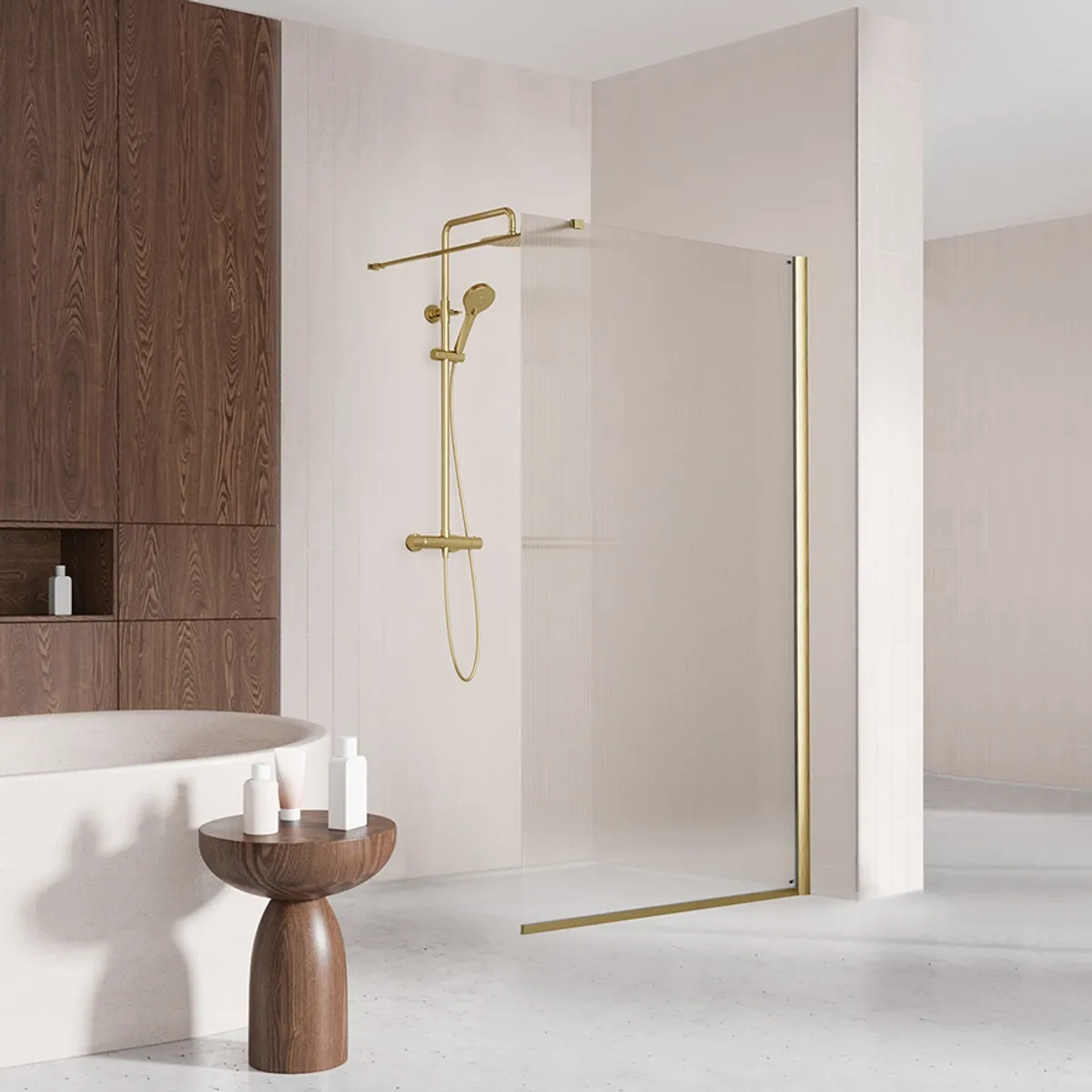 Badnor Shildon dusjvegg/walk-in hjørne - BØRSTET GULL - FLUTED glassfelt - 110cm