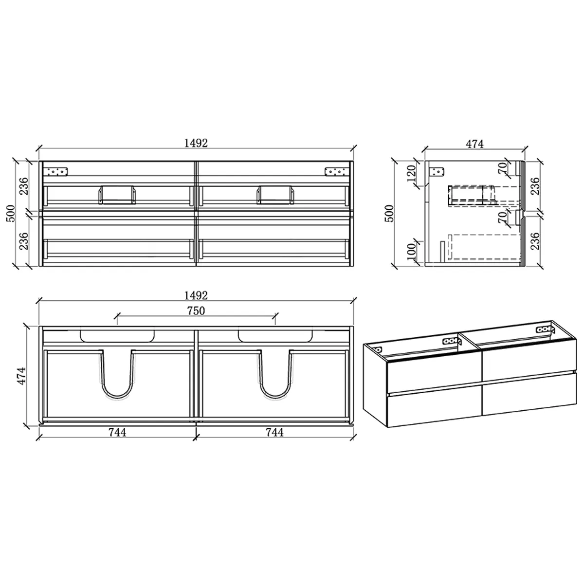 Badnor Mikala 150cm servantskap (dobbel) m/SORT benkeplate